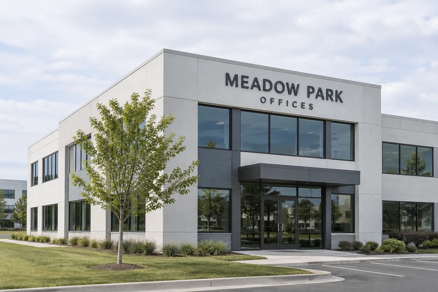 Daylight concept visualization for the fictional Meadow Park Offices exterior building sign